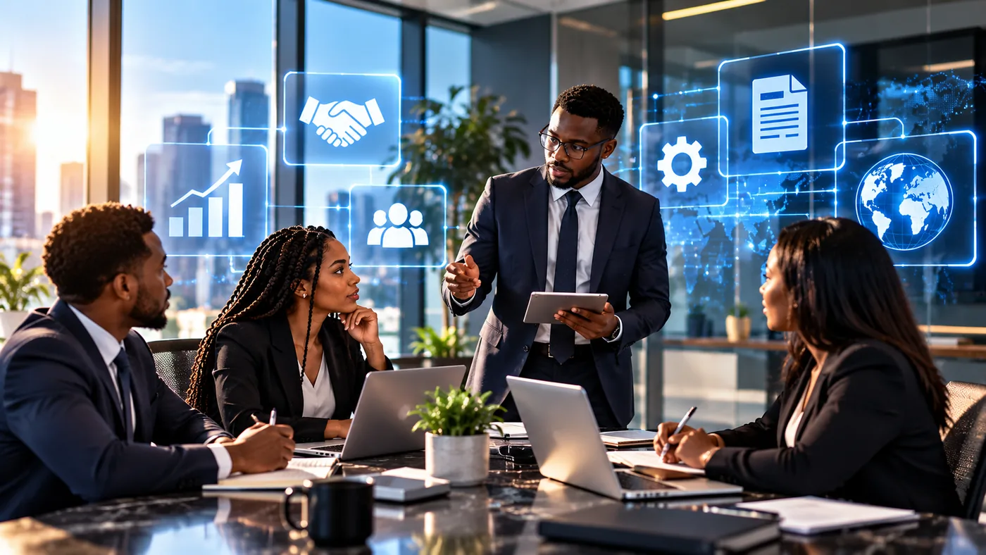 Business professionals collaborating around digital tools